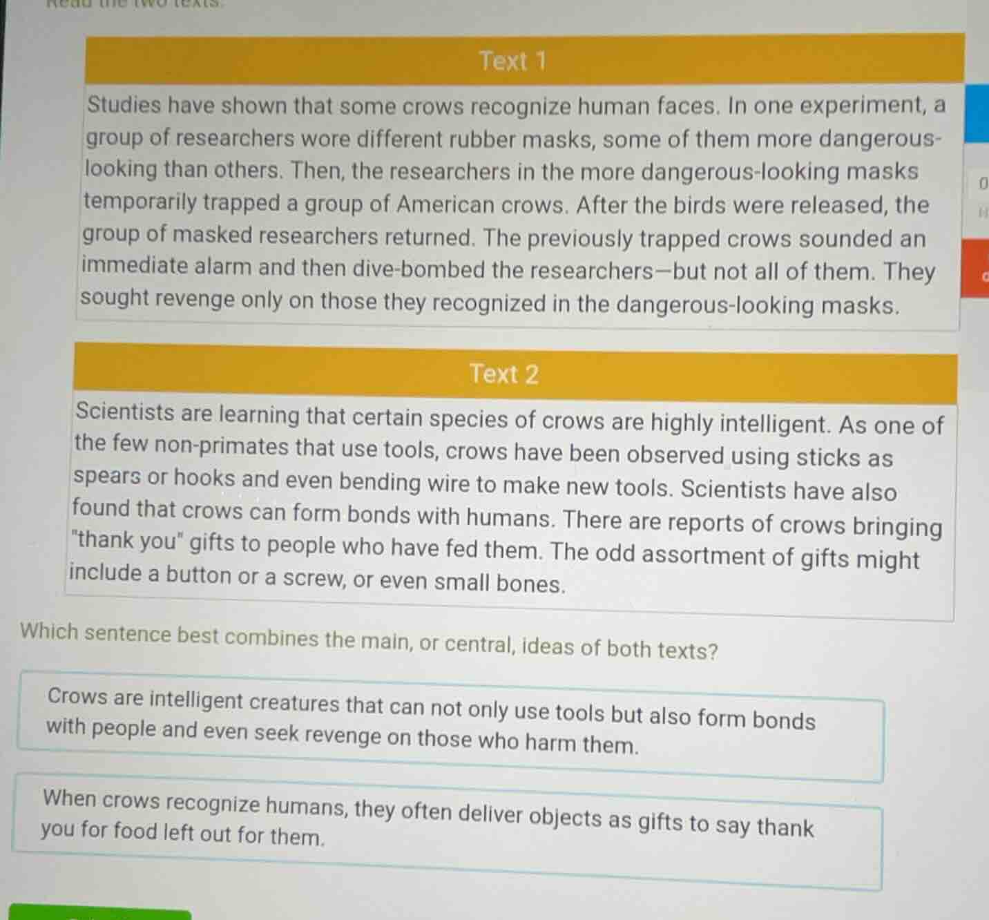 read the two texts. text 1 studies have shown that some crows recognize…