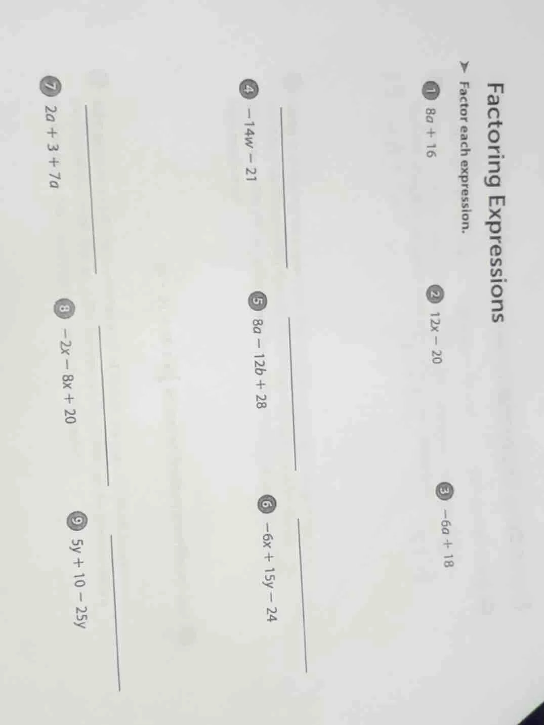 factoring expressions factor each expression. 1 ( 8a + 16 ) 2 ( 12x - 2…