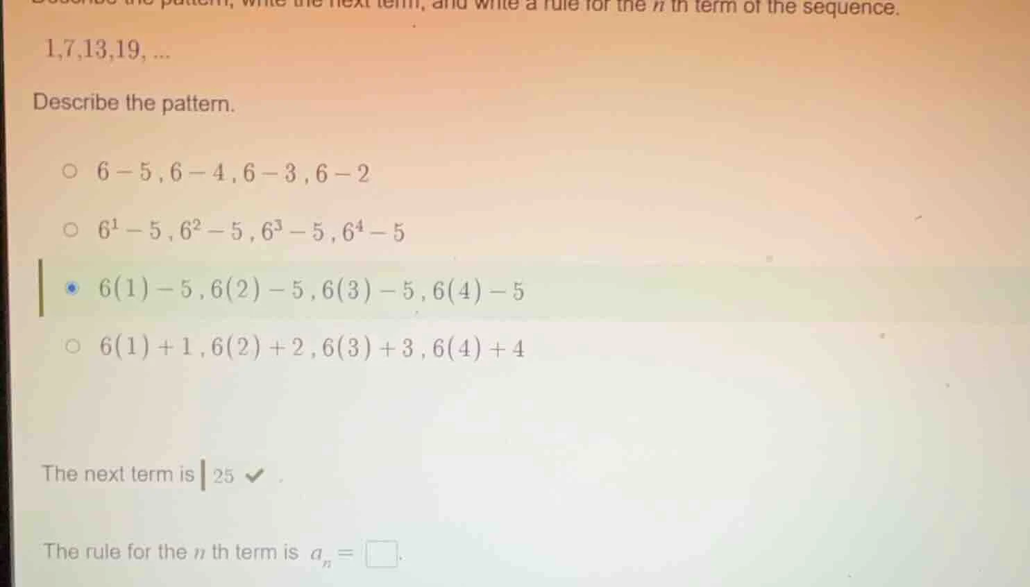 describe the pattern, write the next term, and write a rule for the n t…