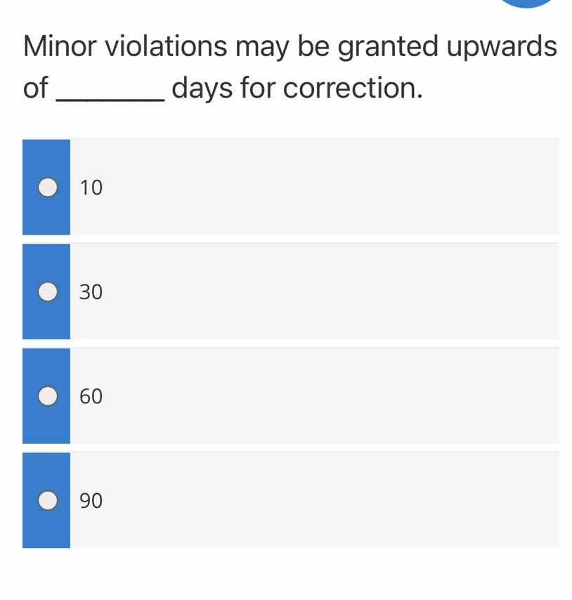 minor violations may be granted upwards of ______ days for correction. …