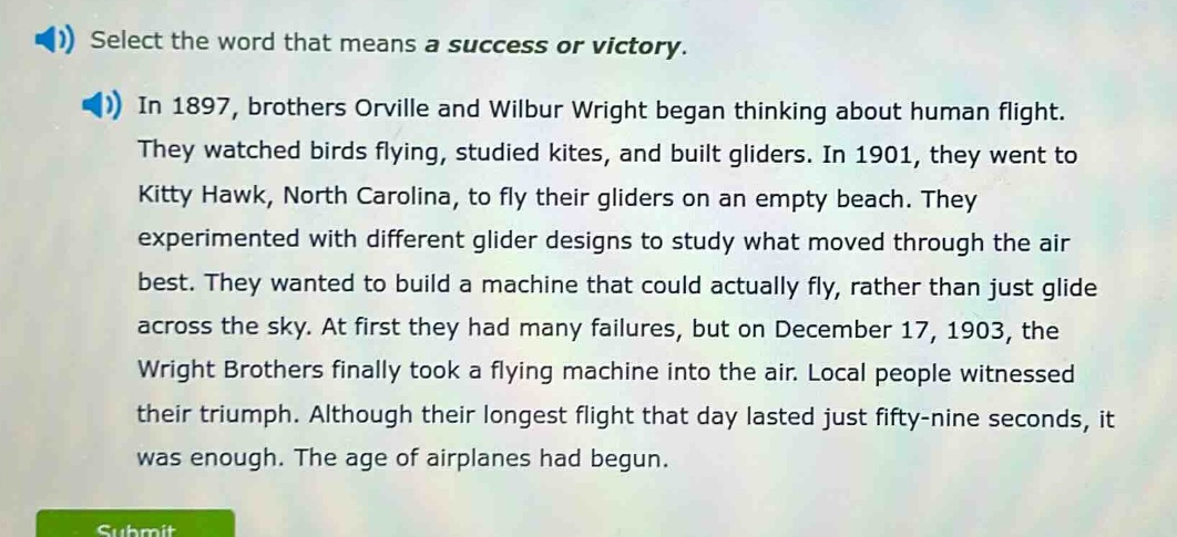 select the word that means a success or victory. in 1897, brothers orvi…