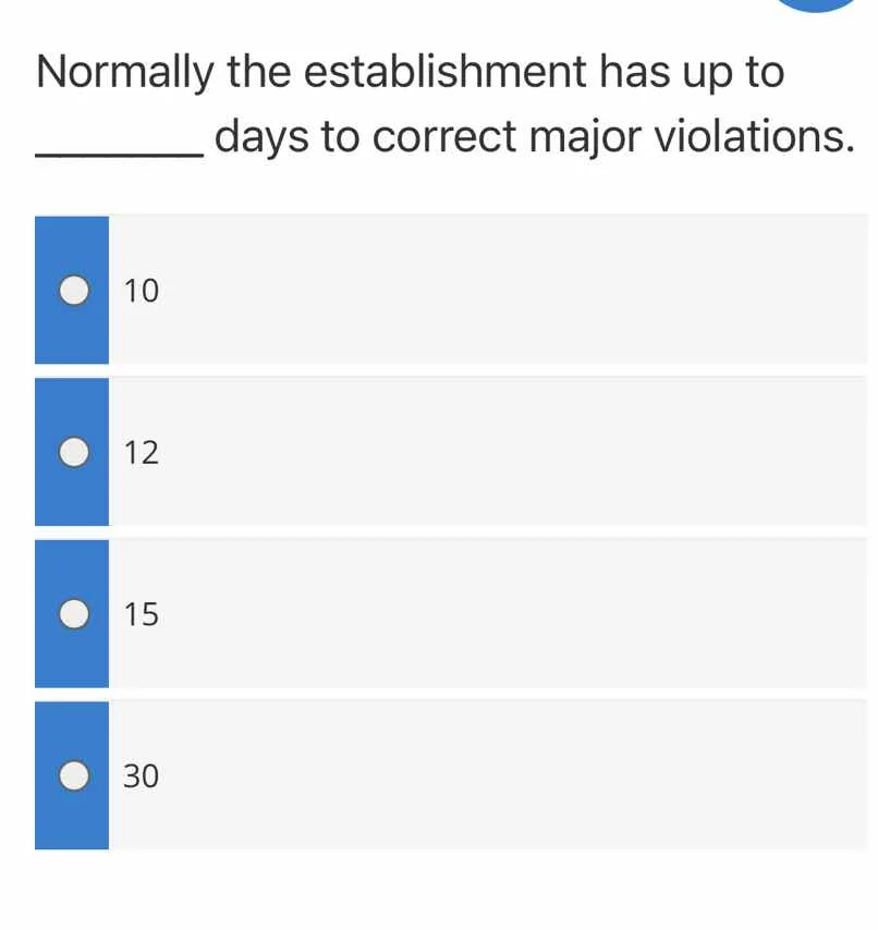 normally the establishment has up to ______ days to correct major viola…