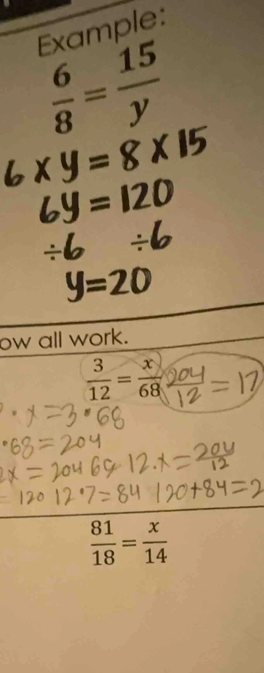 example: \\(\frac{6}{8} = \frac{15}{y}\\) \\(6 \\times y = 8 \\times 15…