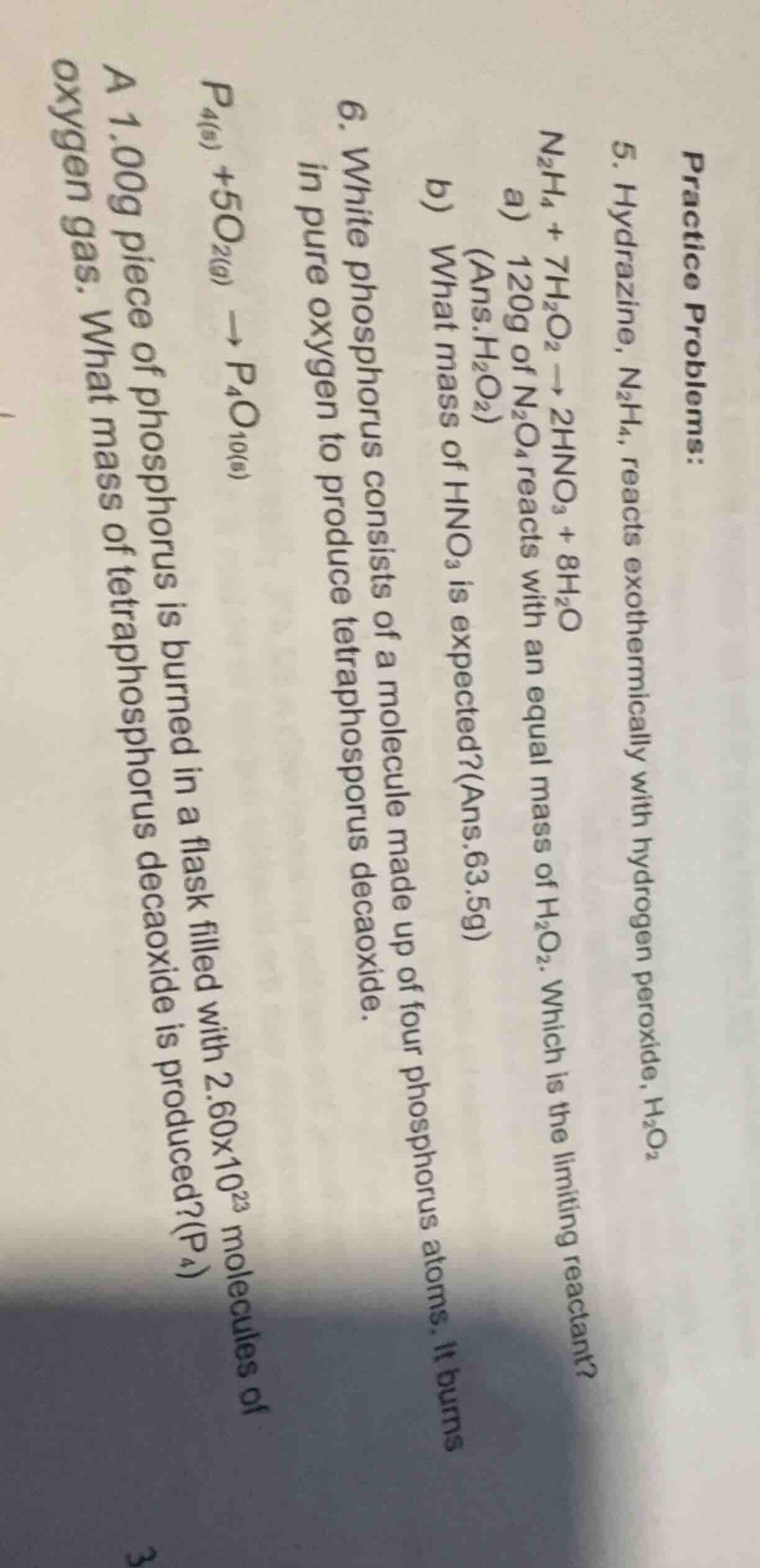 practice problems: 5. hydrazine, n₂h₄, reacts exothermically with hydro…