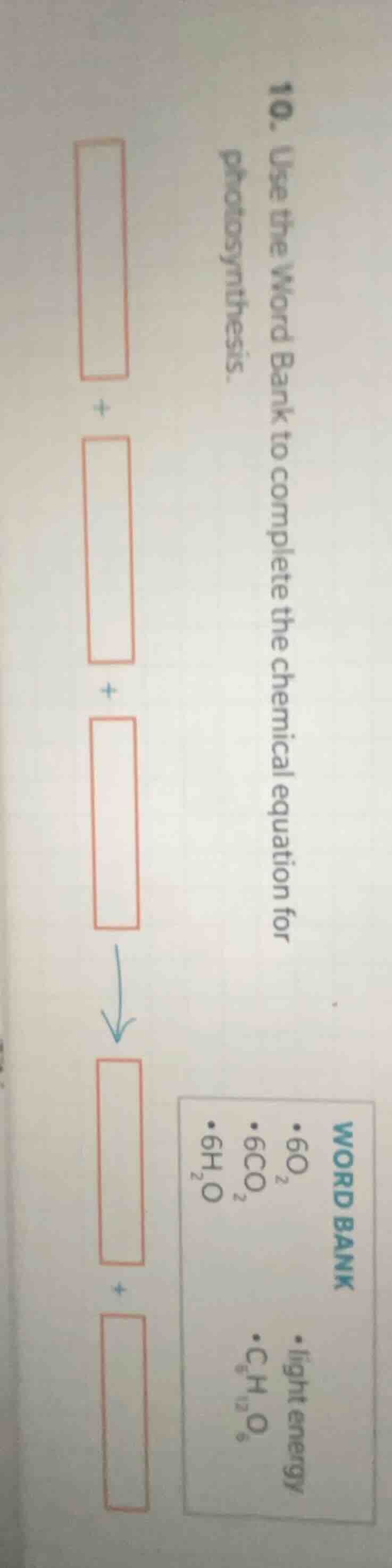 10. use the word bank to complete the chemical equation for photosynthe…