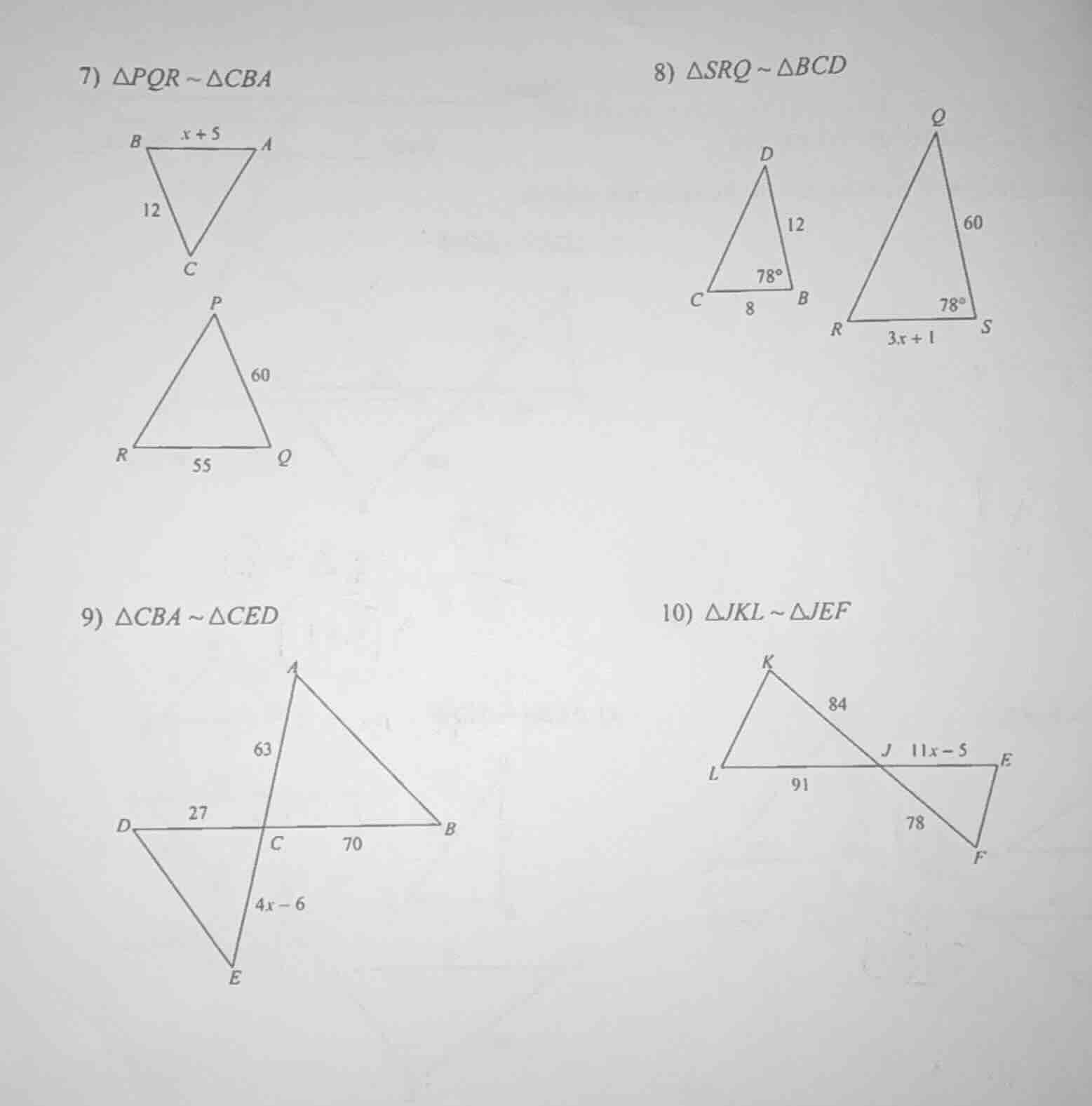 7) $\\triangle pqr \\sim \\triangle cba$ 8) $\\triangle srq \\sim \\tri…