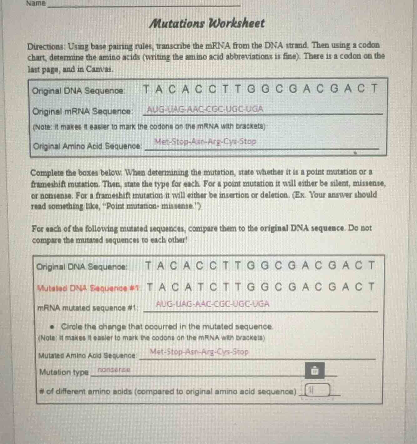 name mutations worksheet directions: using base pairing rules, transcri…