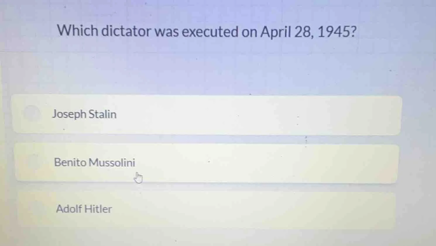 which dictator was executed on april 28, 1945? joseph stalin benito mus…