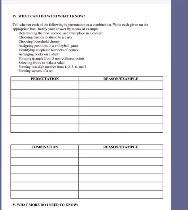 iv. what can i do with what i know? tell whether each of the following …