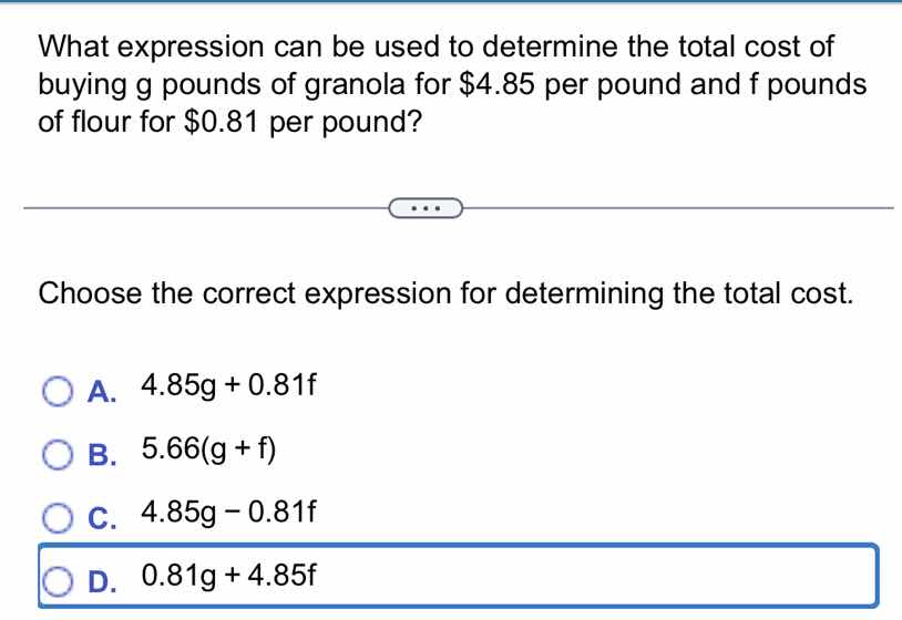 what expression can be used to determine the total cost of buying g pou…