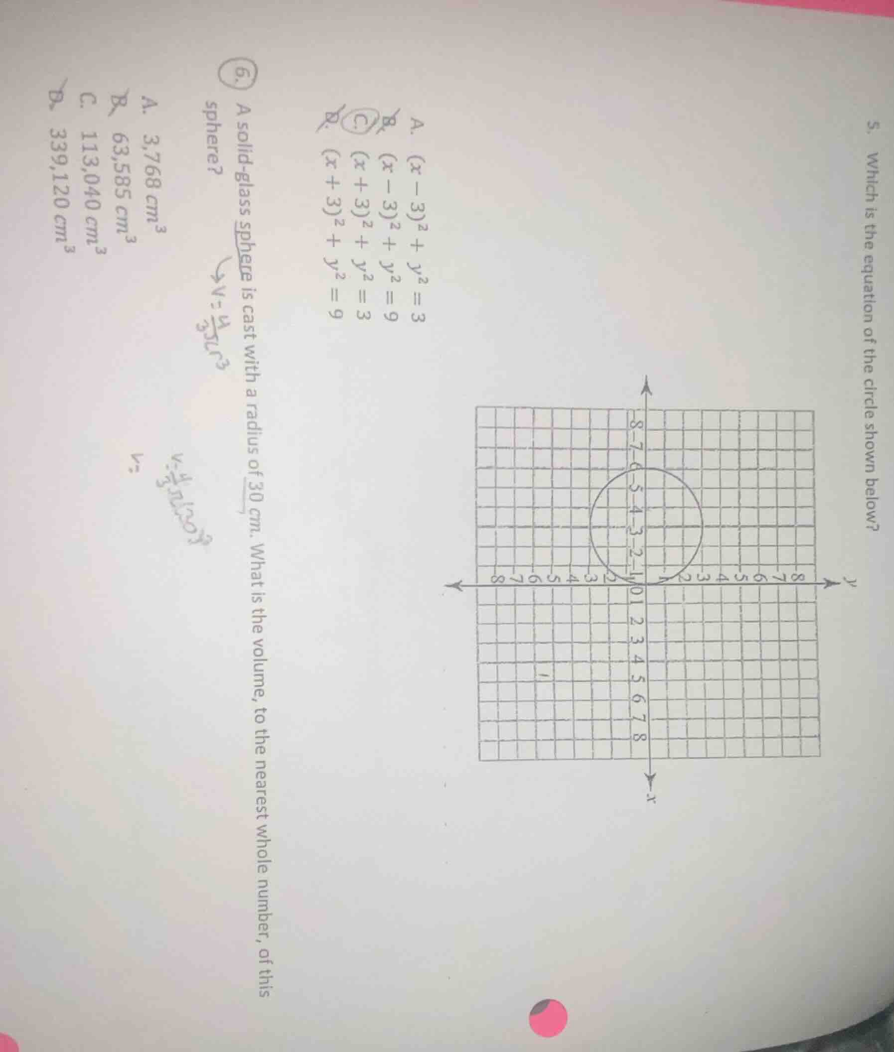 5. which is the equation of the circle shown below? a. $(x - 3)^2 + y^2…