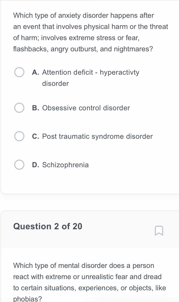which type of anxiety disorder happens after an event that involves phy…
