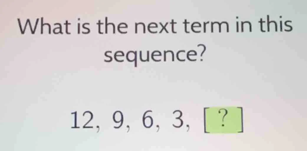 what is the next term in this sequence? 12, 9, 6, 3, ?