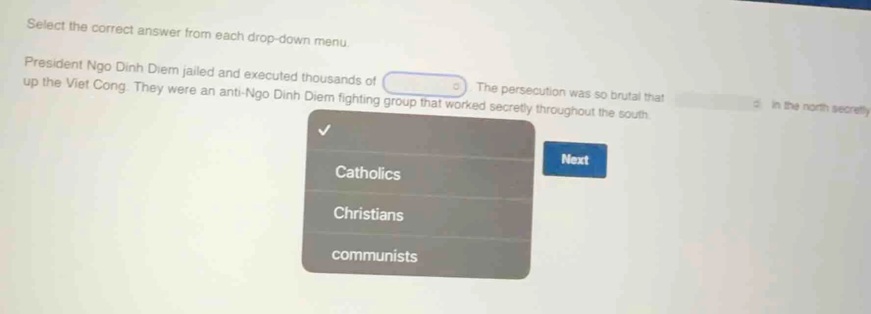 select the correct answer from each drop-down menu. president ngo dinh …