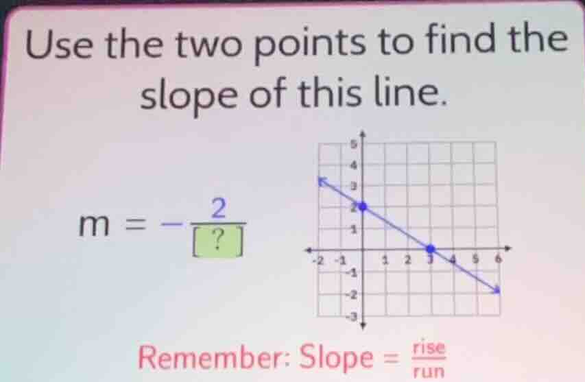 use the two points to find the slope of this line. m = -2/? remember: s…