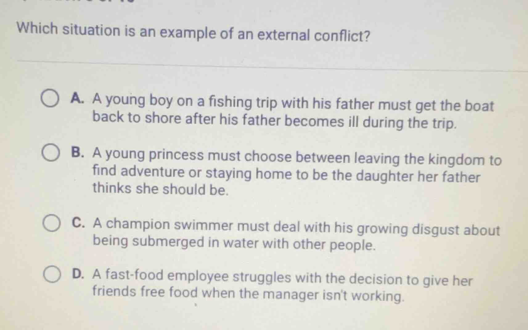 which situation is an example of an external conflict? a. a young boy o…