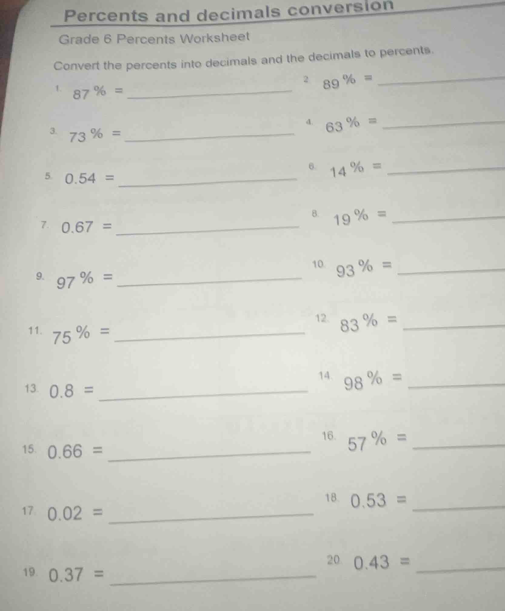 percents and decimals conversion grade 6 percents worksheet convert the…