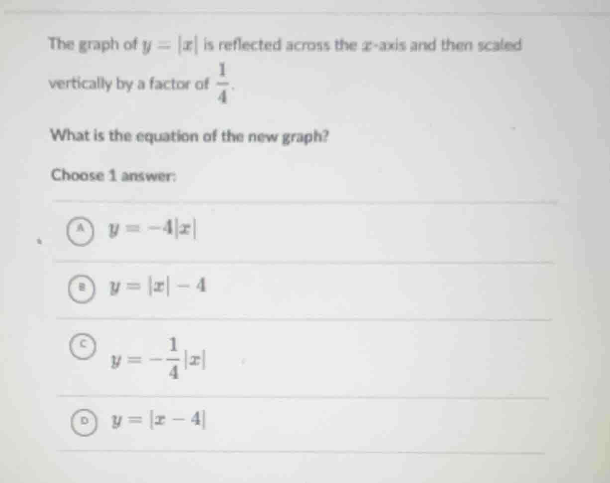 the graph of $y = |x|$ is reflected across the $x$-axis and then scaled…