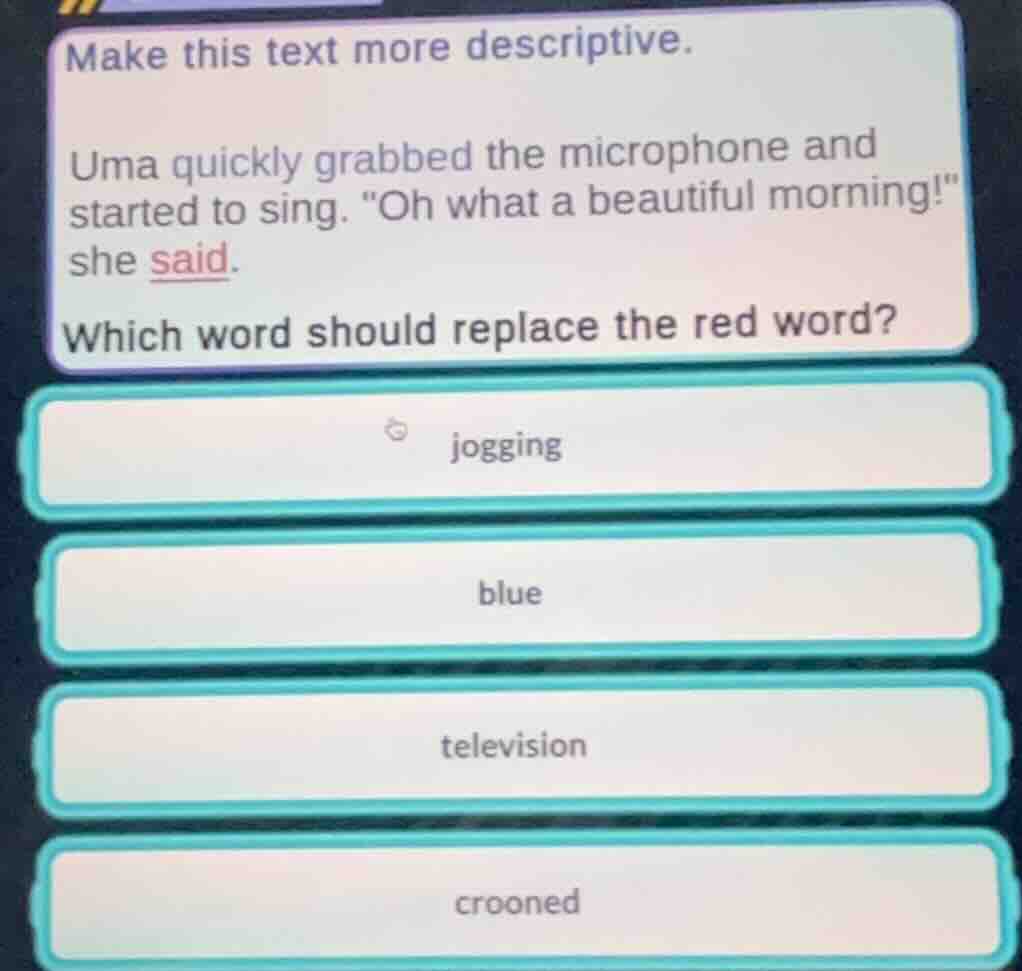 make this text more descriptive. uma quickly grabbed the microphone and…