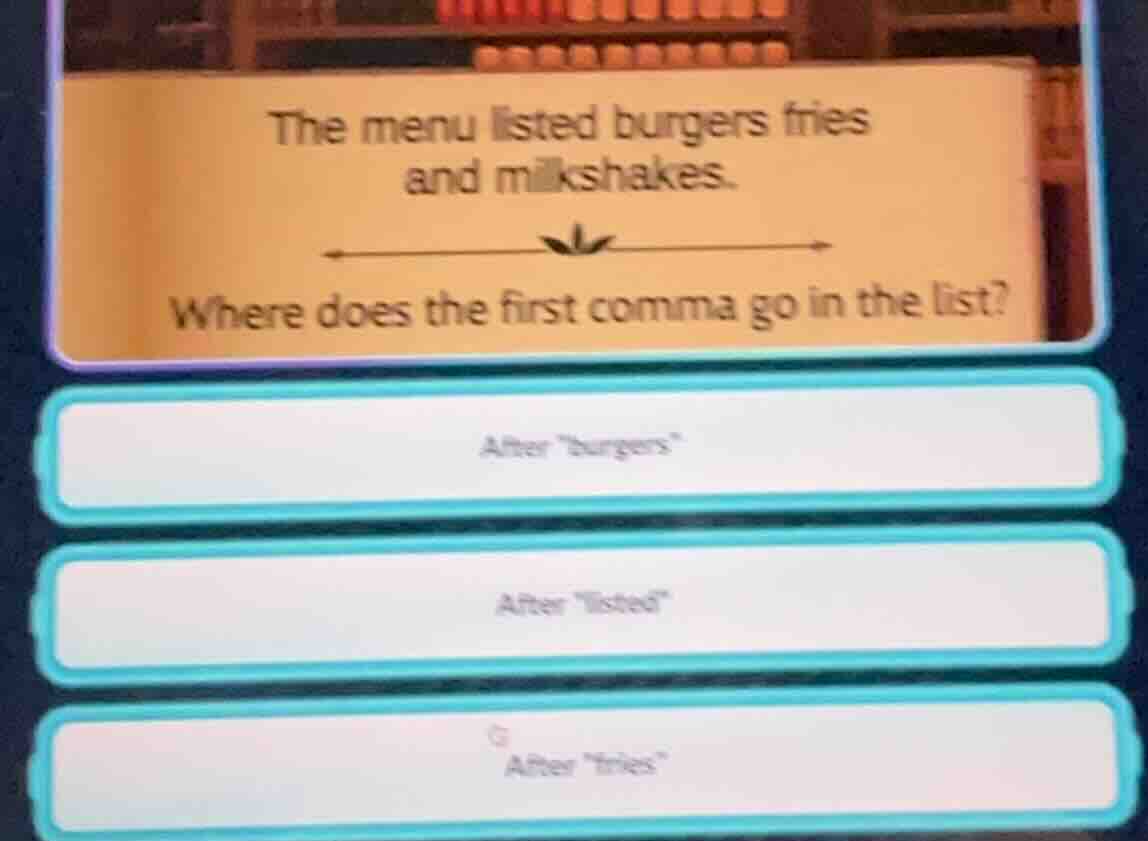 the menu listed burgers fries and milkshakes. where does the first comm…