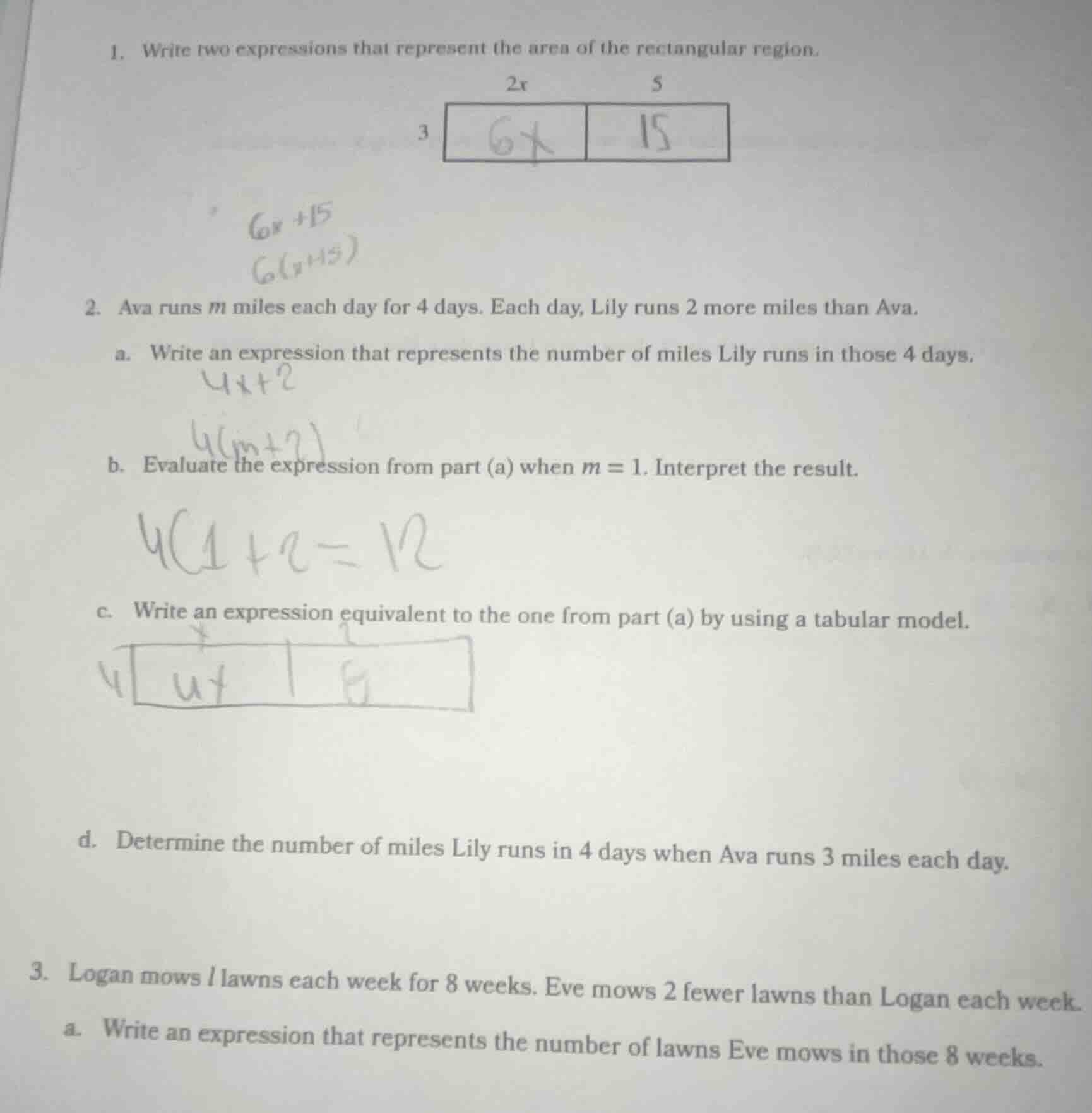 1. write two expressions that represent the area of the rectangular reg…