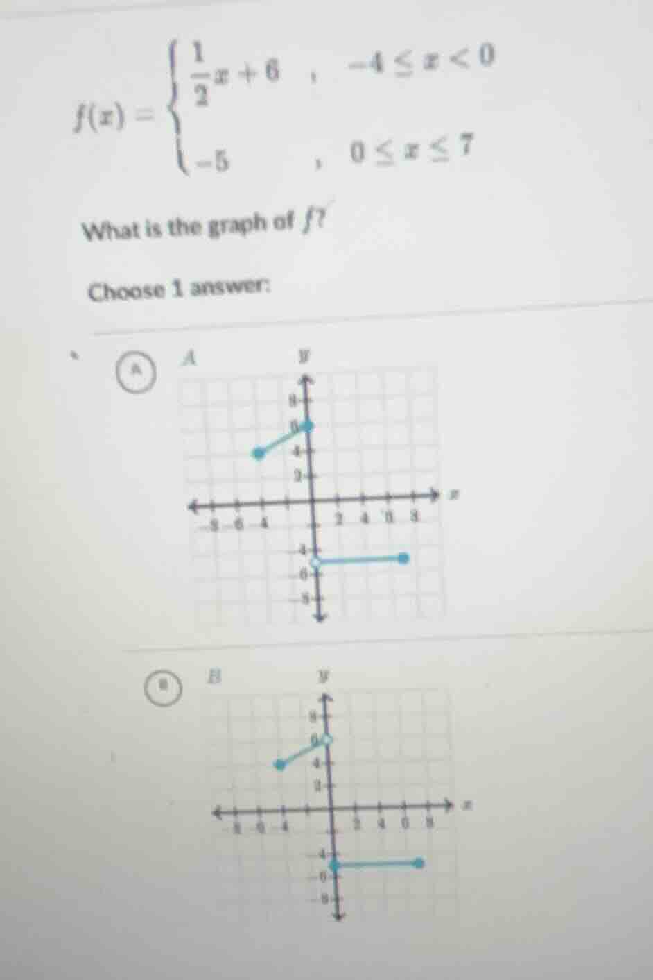 f(x) = \\begin{cases} \\frac{1}{2}x + 6 &, -4 \\leq x < 0 \\\\ -5 &, 0 …
