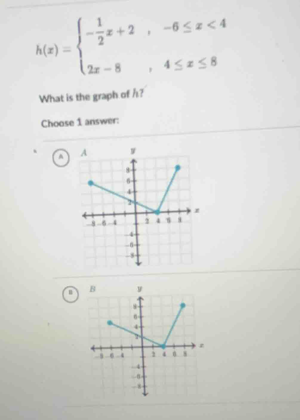 h(x) = \\begin{cases} -\\dfrac{1}{2}x + 2 &, -6 \\leq x < 4 \\\\ 2x - 8…