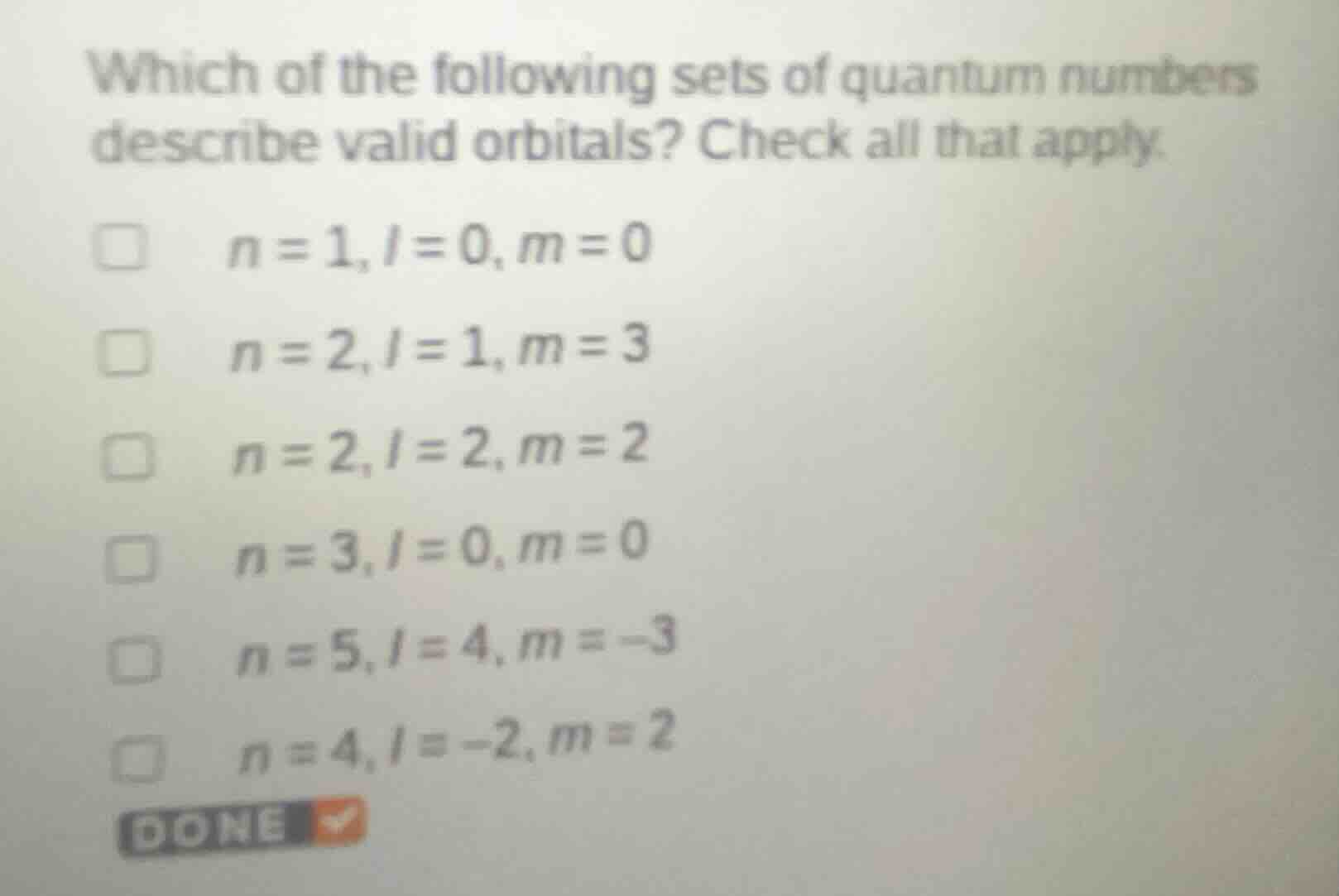 which of the following sets of quantum numbers describe valid orbitals?…