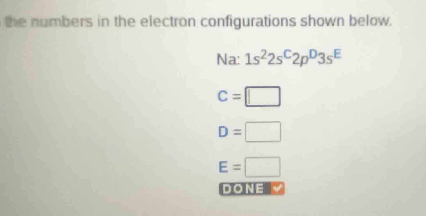 the numbers in the electron configurations shown below. na: $1s^2 2s^c …
