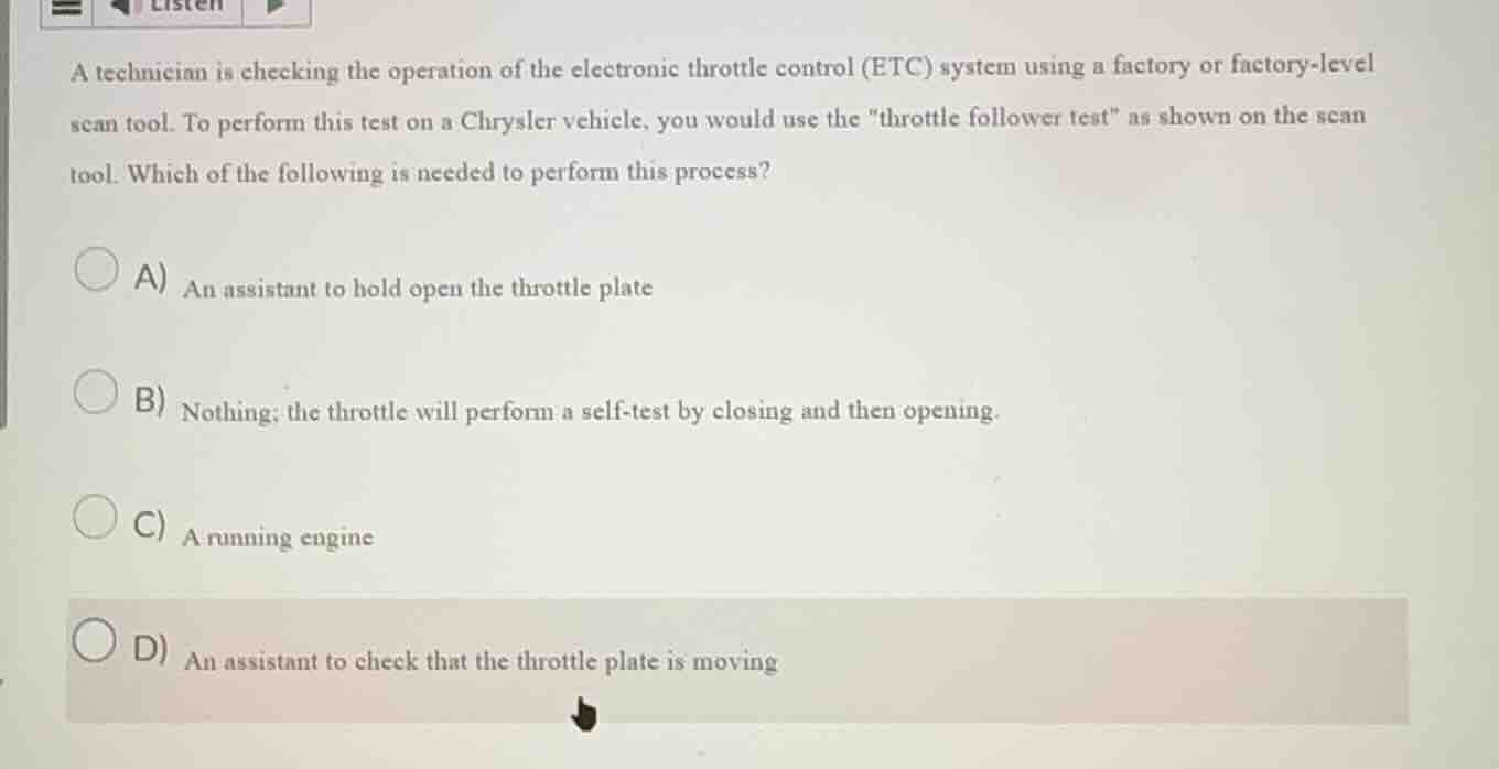 a technician is checking the operation of the electronic throttle contr…
