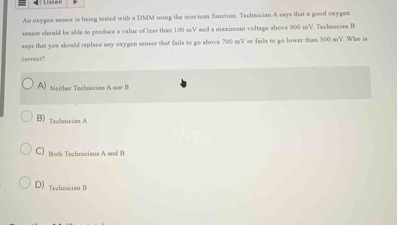 an oxygen sensor is being tested with a dmm using the min/max function.…