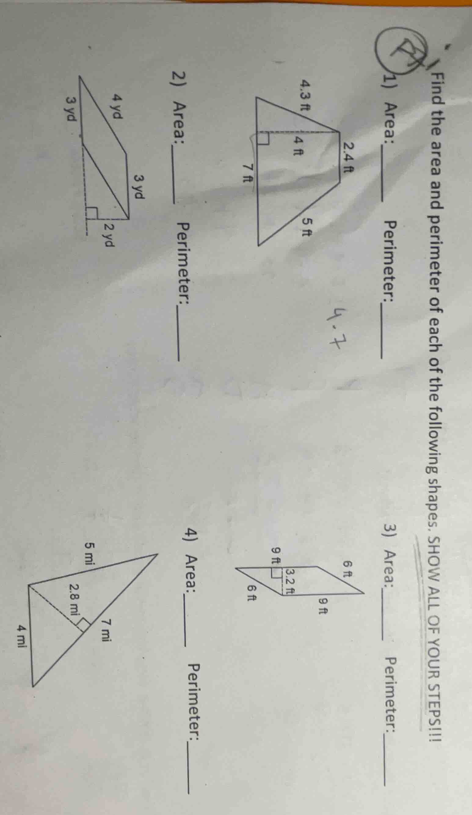 find the area and perimeter of each of the following shapes. show all o…