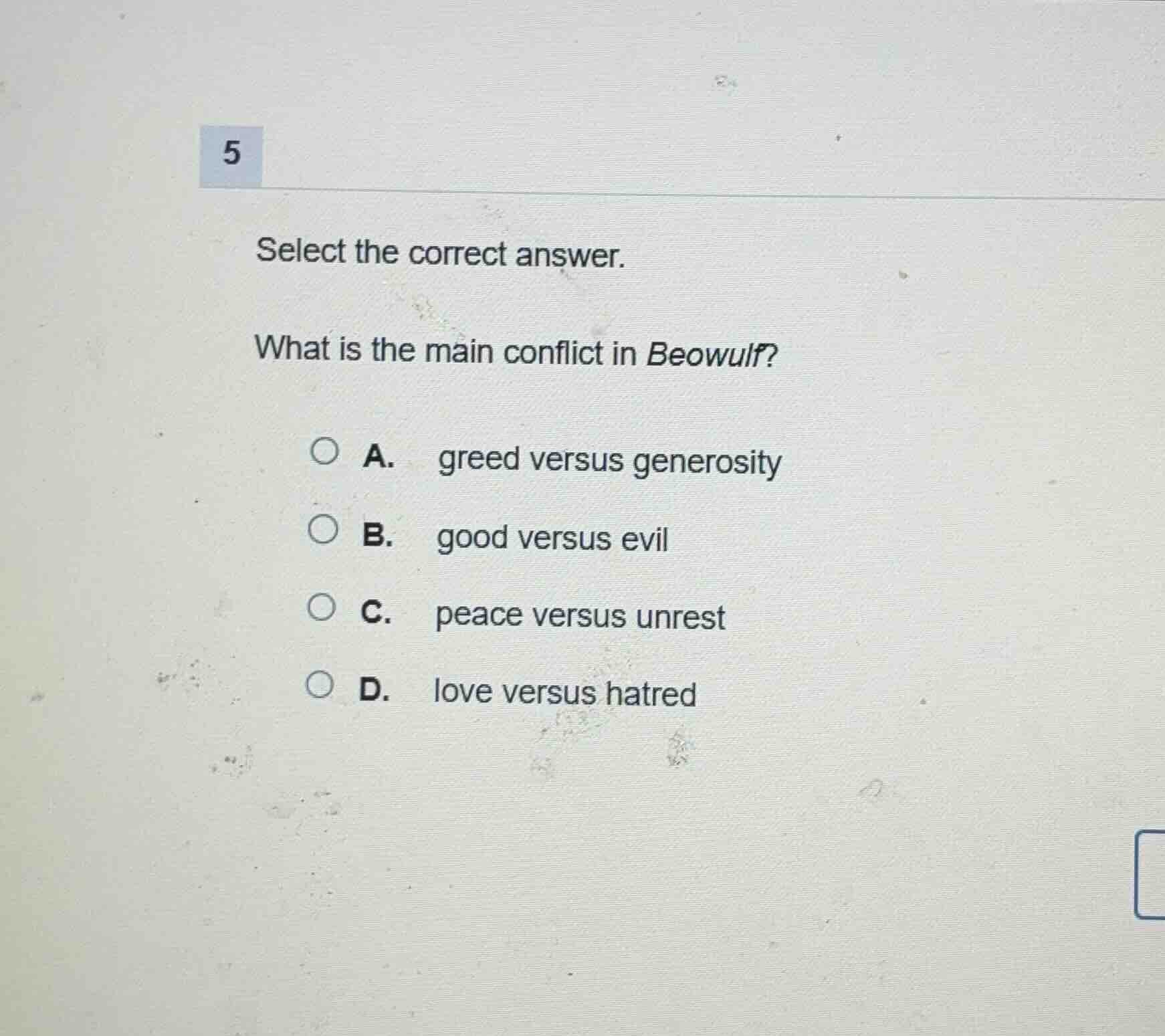 5 select the correct answer. what is the main conflict in beowulf? a. g…
