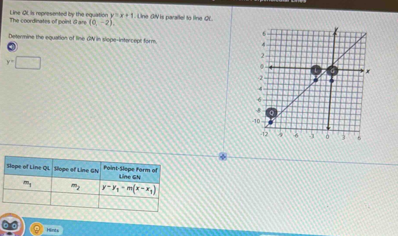 line ql is represented by the equation $y = x + 1$. line gn is parallel…