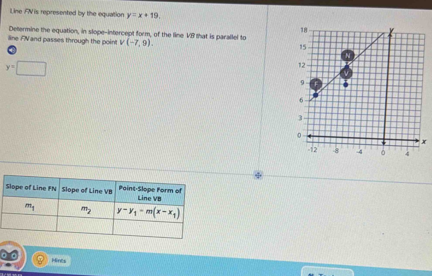 line fn is represented by the equation $y = x + 19$. determine the equa…
