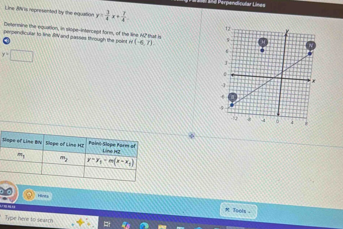 line bn is represented by the equation $y = \\frac{3}{4}x + \\frac{7}{4…