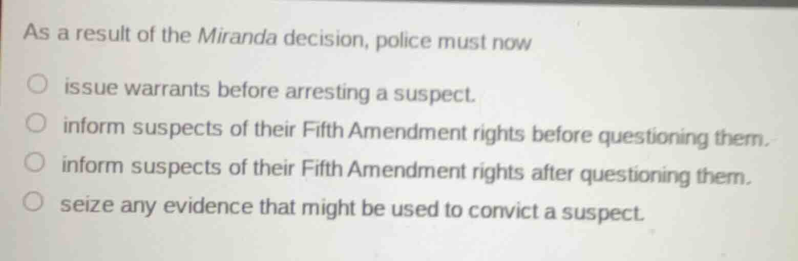 as a result of the miranda decision, police must now ○ issue warrants b…