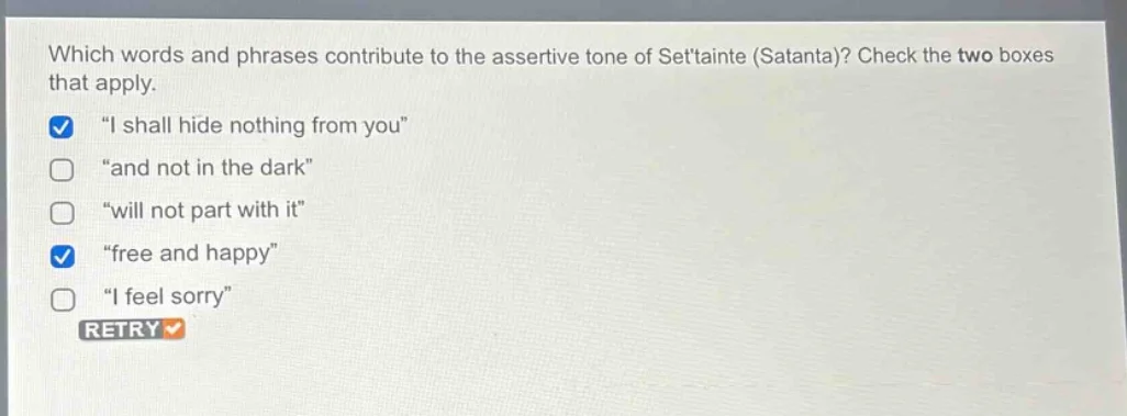 which words and phrases contribute to the assertive tone of settainte (…