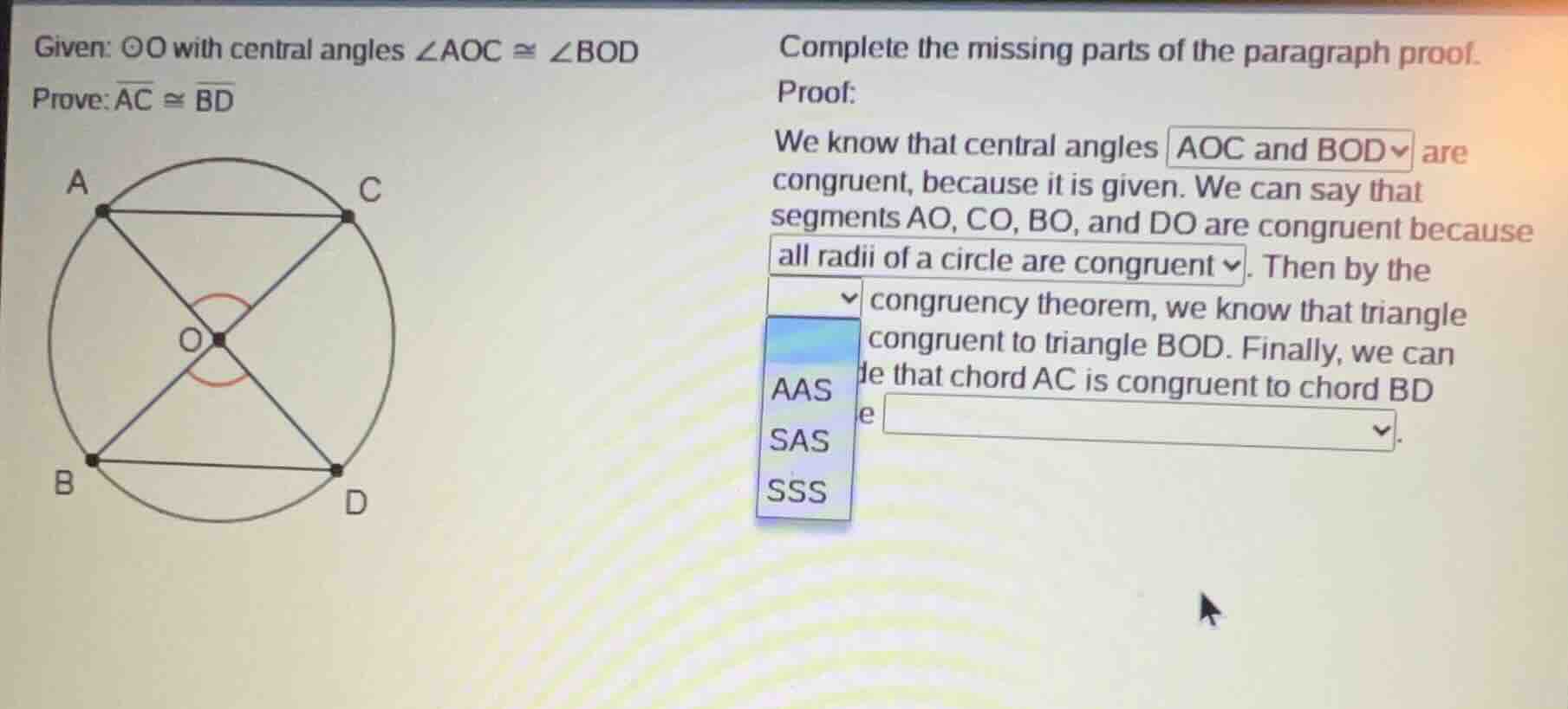 given: ⊙o with central angles ∠aoc ≅ ∠bod prove: \\overline{ac} ≅ \\ove…