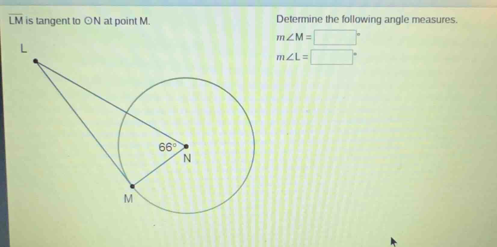 overline{lm} is tangent to odot n at point m. determine the following a…
