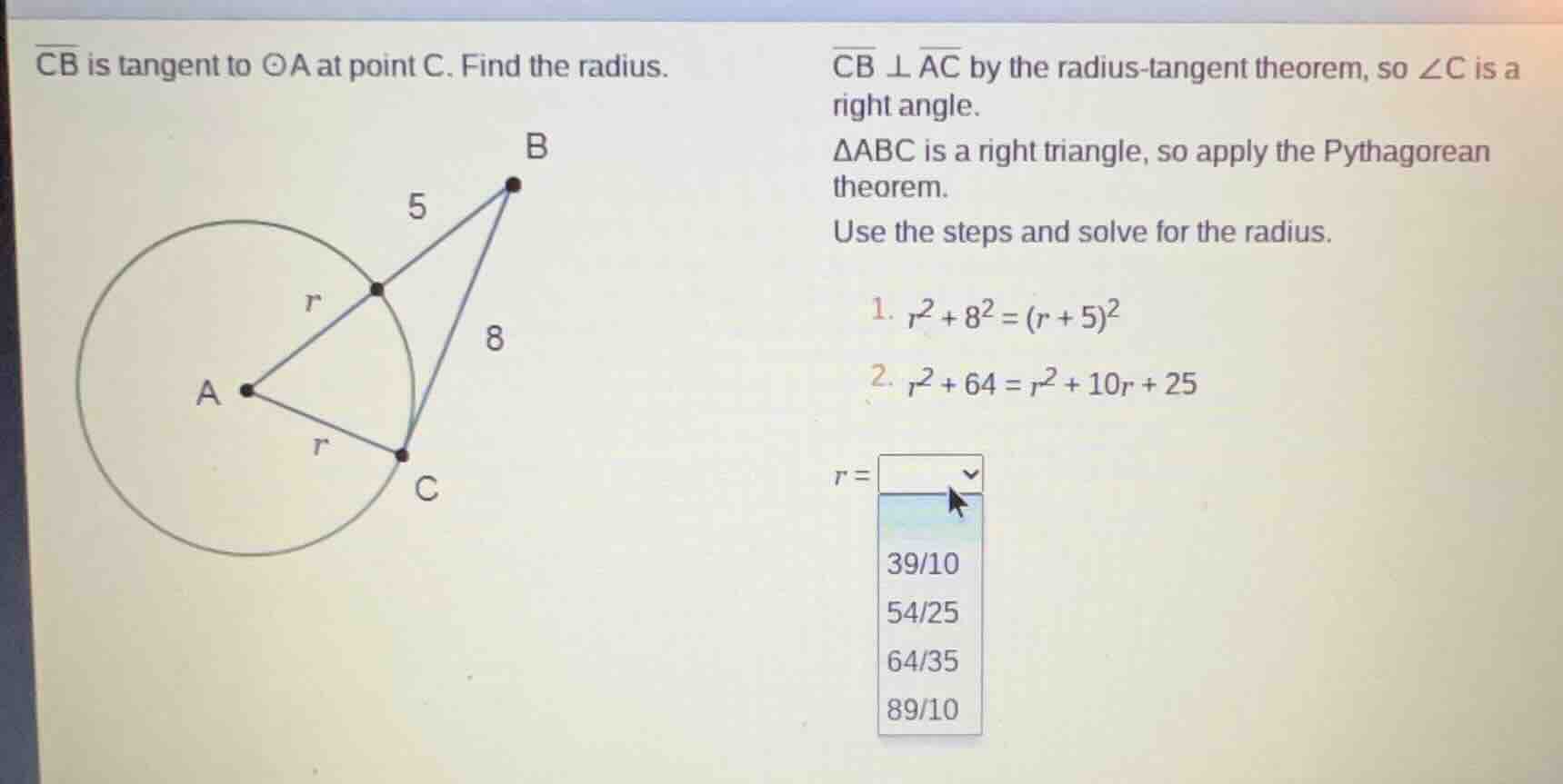 cb is tangent to ⊙a at point c. find the radius. cb ⊥ ac by the radius …