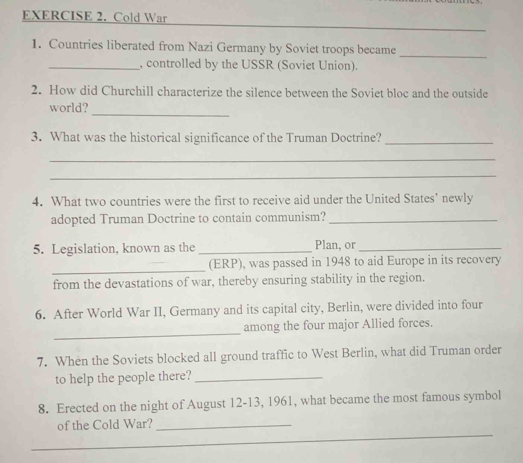 exercise 2. cold war 1. countries liberated from nazi germany by soviet…