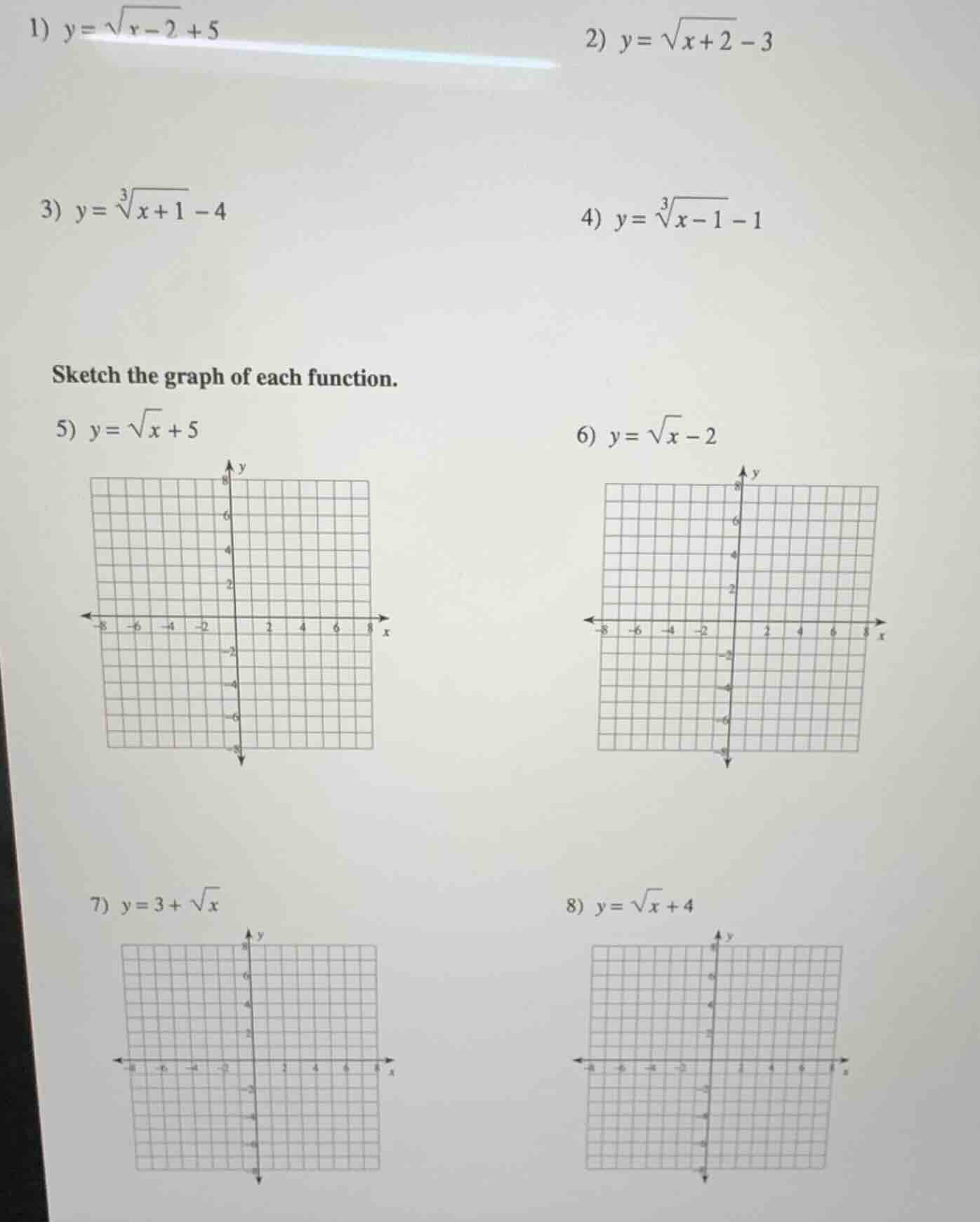 1) $y = \\sqrt{x - 2} + 5$ 2) $y = \\sqrt{x + 2} - 3$ 3) $y = \\sqrt3{x…