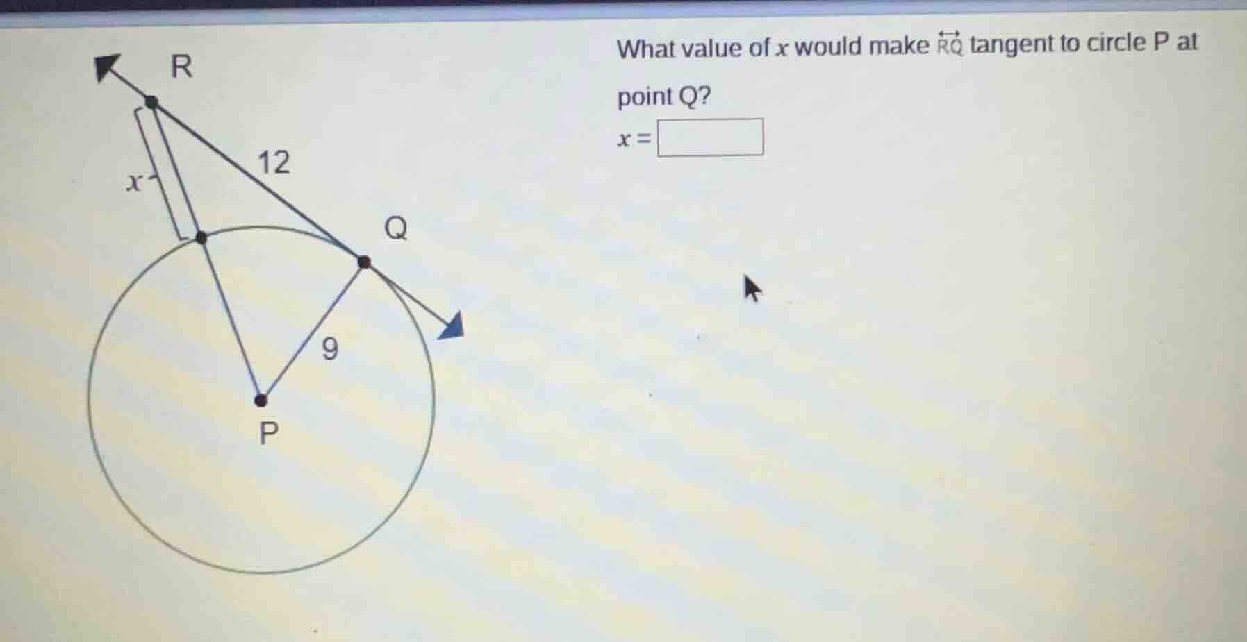 what value of x would make \\(\\overleftrightarrow{rq}\\) tangent to ci…
