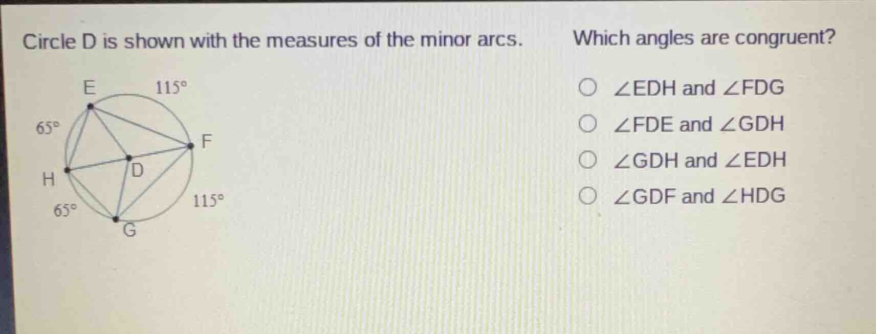 circle d is shown with the measures of the minor arcs. which angles are…
