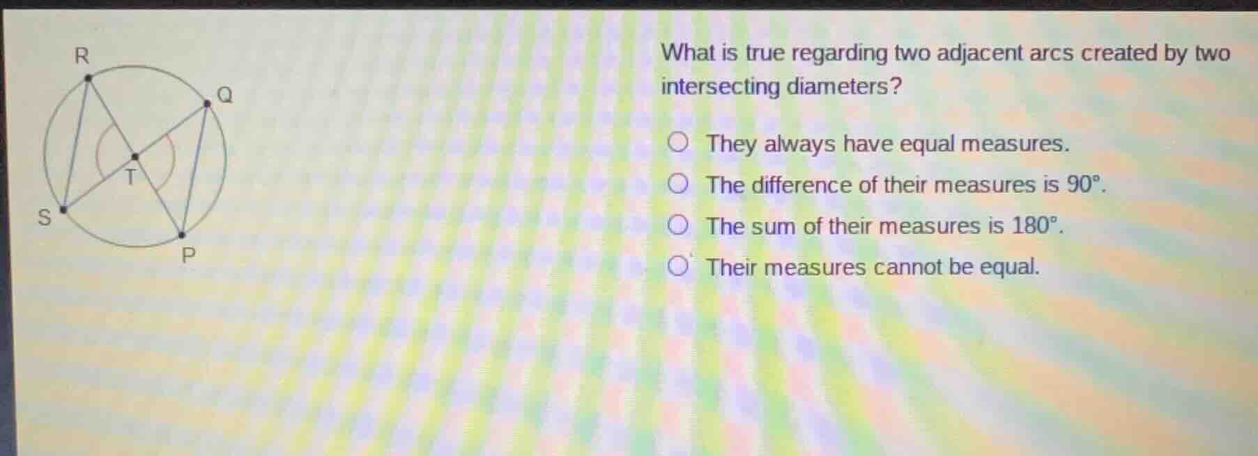 what is true regarding two adjacent arcs created by two intersecting di…
