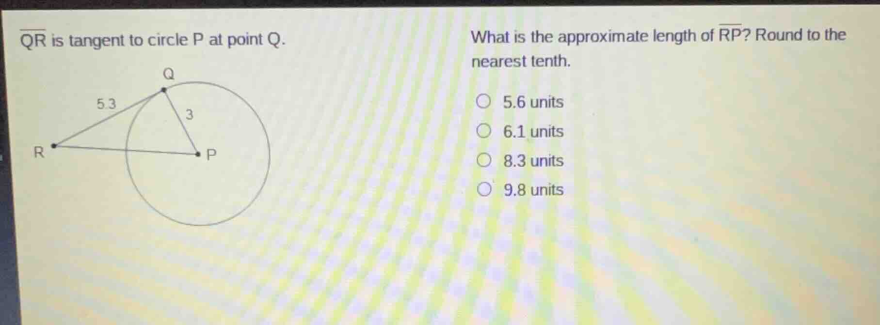 $\\overline{qr}$ is tangent to circle p at point q. what is the approxi…