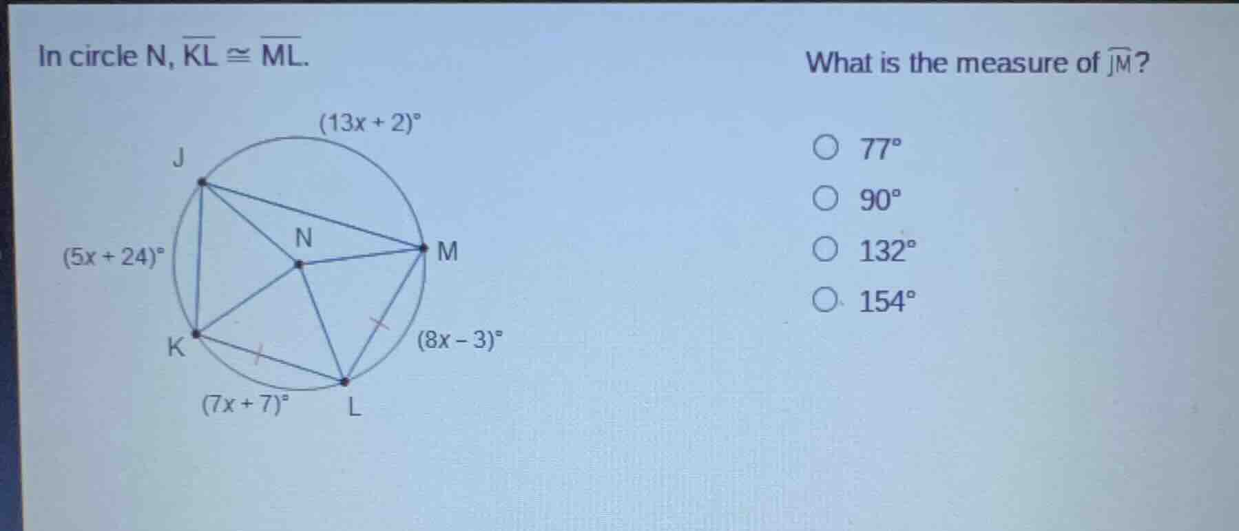 in circle n, \\(\\overline{kl} \\cong \\overline{ml}\\). what is the me…