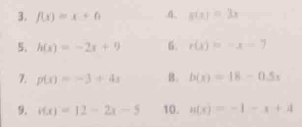 3. $f(x) = x + 6$ 4. $g(x) = 3x$ 5. $h(x) = -2x + 9$ 6. $r(x) = -x - 7$…