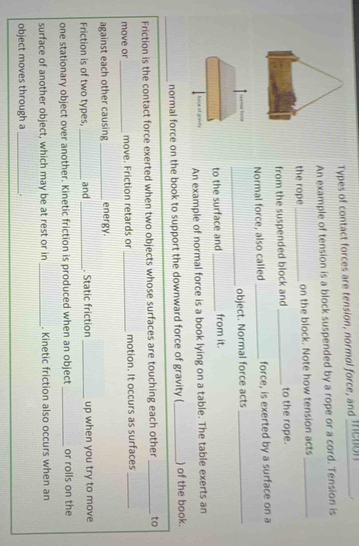types of contact forces are tension, normal force, and friction an exam…